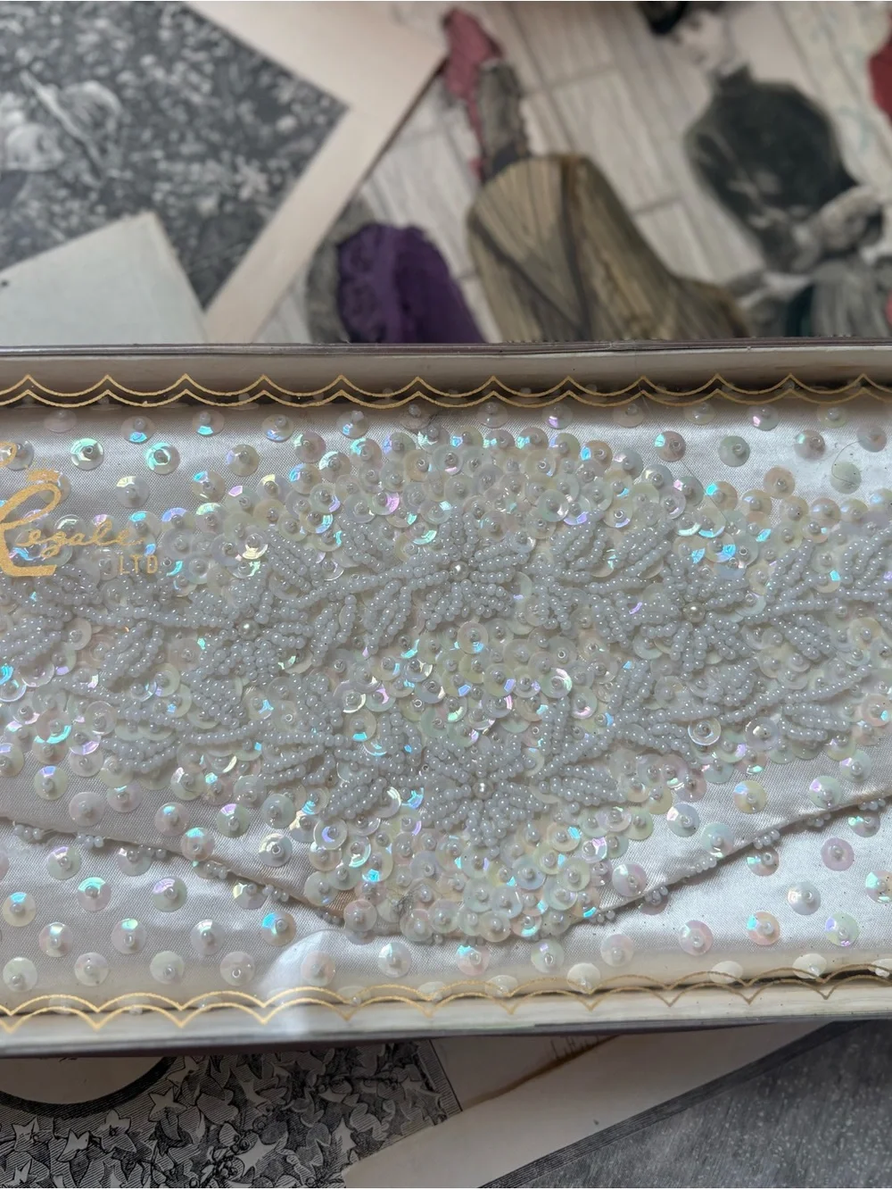 Vintage La Regale Ivory Beaded Sequin Evening Clutch w/ Original Box